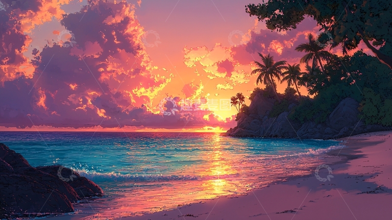 高清大图下载【趣麦麦图】热带海滩日落风景图