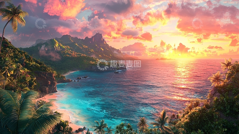 高清大图下载【趣麦麦图】热带海滩落日风景图