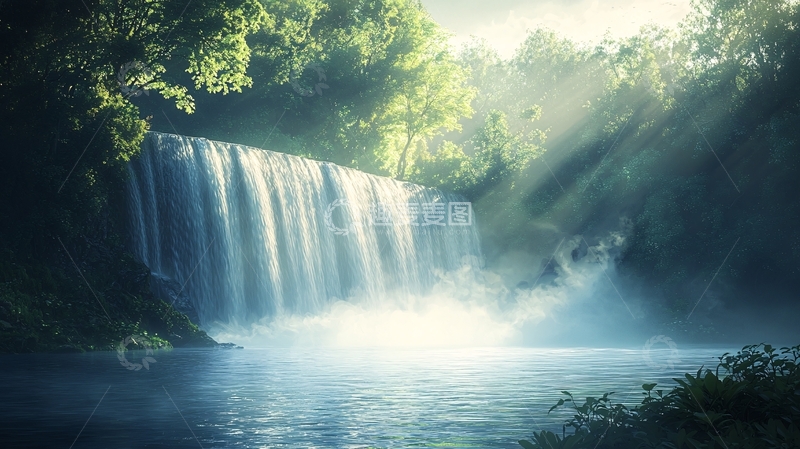高清大图下载【趣麦麦图】阳光穿过森林的瀑布