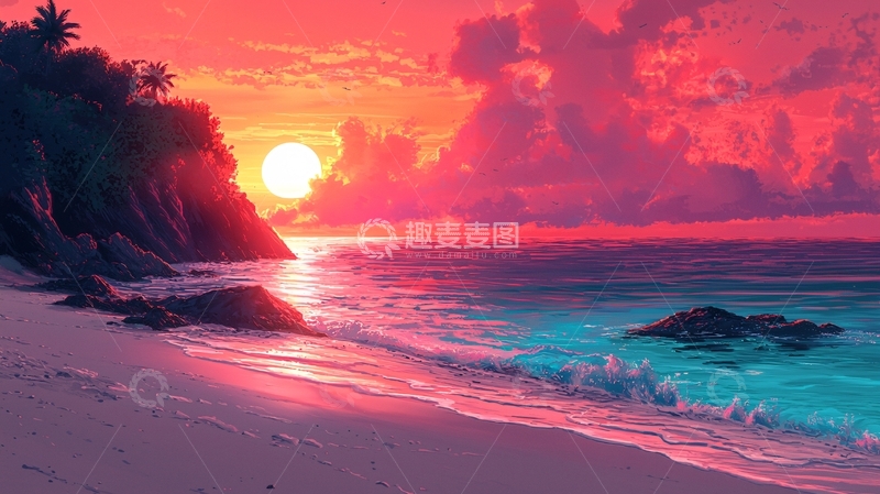 高清大图下载【趣麦麦图】热带海滩日落