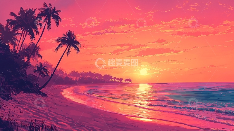 高清大图下载【趣麦麦图】粉色系海滩日落