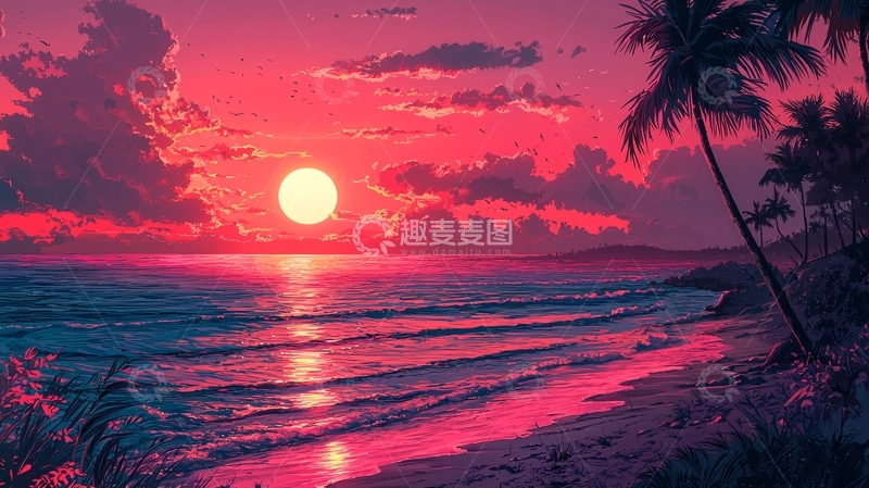 高清大图下载【趣麦麦图】粉色系海滩日落