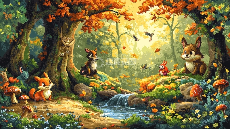 高清大图下载【趣麦麦图】秋日森林动物卡通图