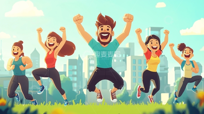 快乐的人们在城市公园跳跃