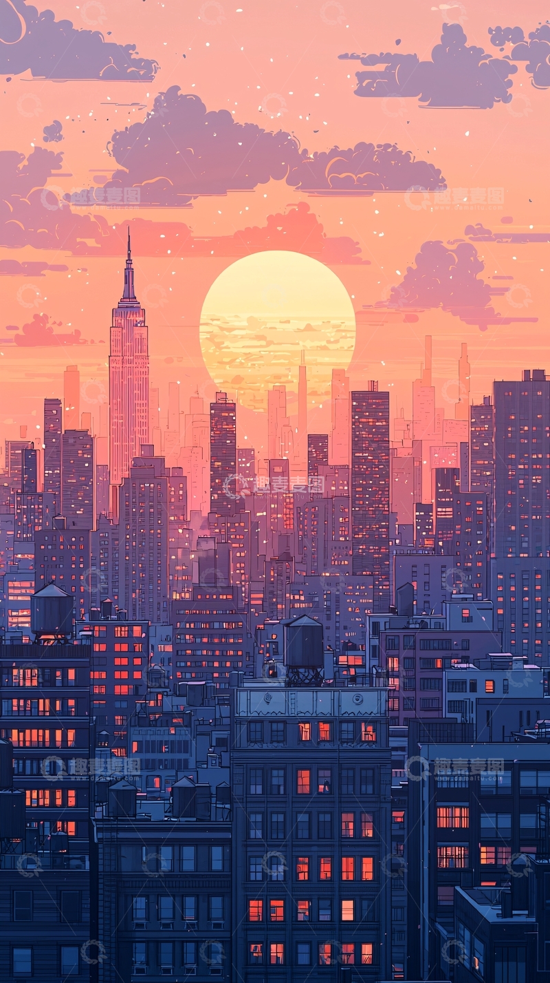 高清大图下载【趣麦麦图】日落纽约城市剪影
