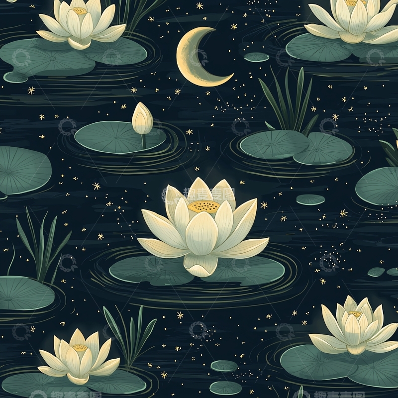 高清大图下载【趣麦麦图】夜色荷花星空图