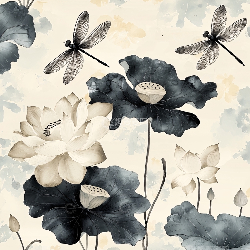 高清大图下载【趣麦麦图】水墨荷花蜻蜓