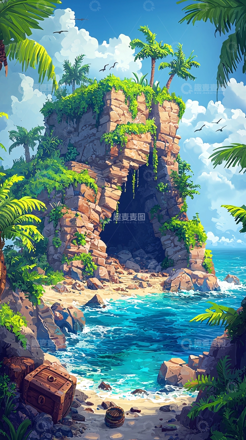 高清大图下载【趣麦麦图】热带岛屿海滩洞穴宝藏