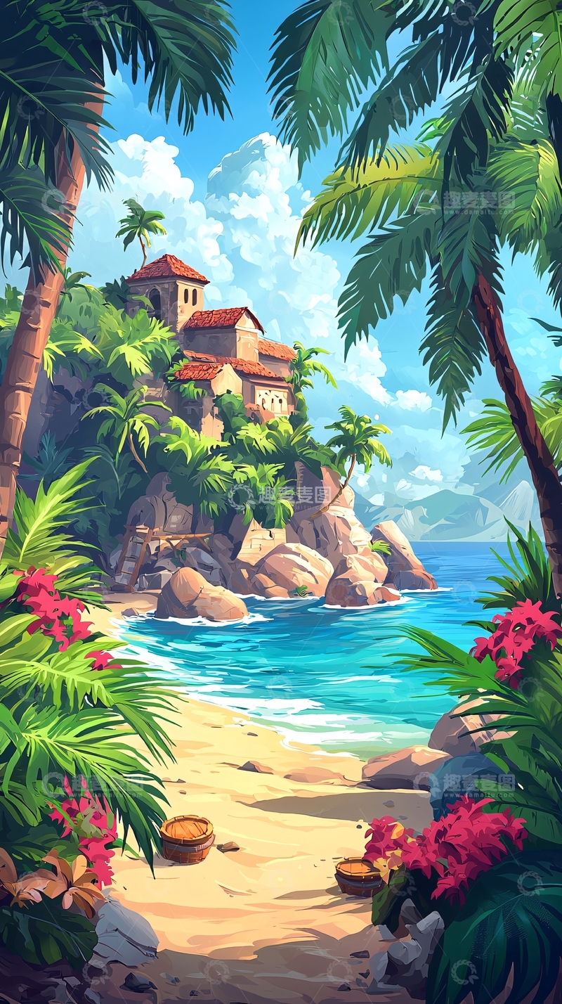 高清大图下载【趣麦麦图】热带海滩小屋风景画