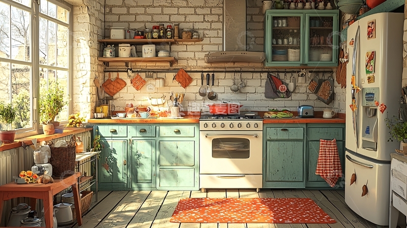 高清大图下载【趣麦麦图】阳光洒落的乡村风格厨房