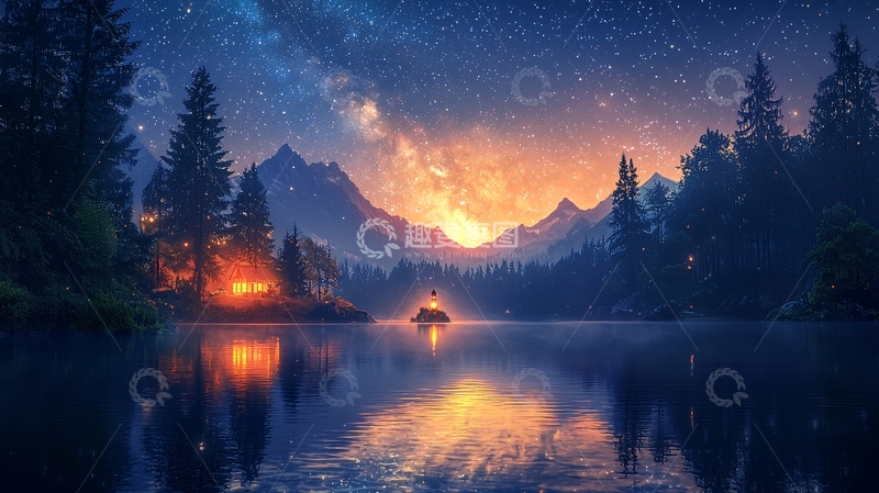 高清大图下载【趣麦麦图】星空下的湖面小屋