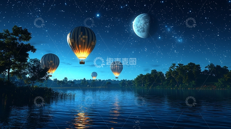 高清大图下载【趣麦麦图】星空热气球湖泊