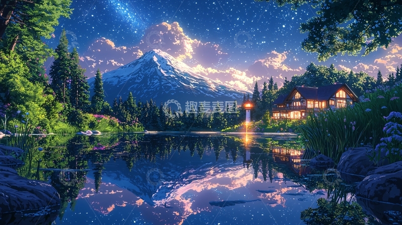 高清大图下载【趣麦麦图】星空下的湖边小屋