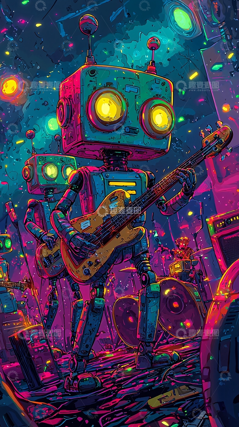 高清大图下载【趣麦麦图】复古机器人乐队演出