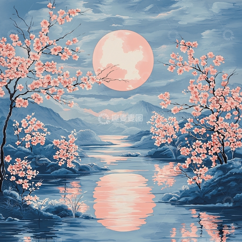 高清大图下载【趣麦麦图】粉红月亮下的樱花树