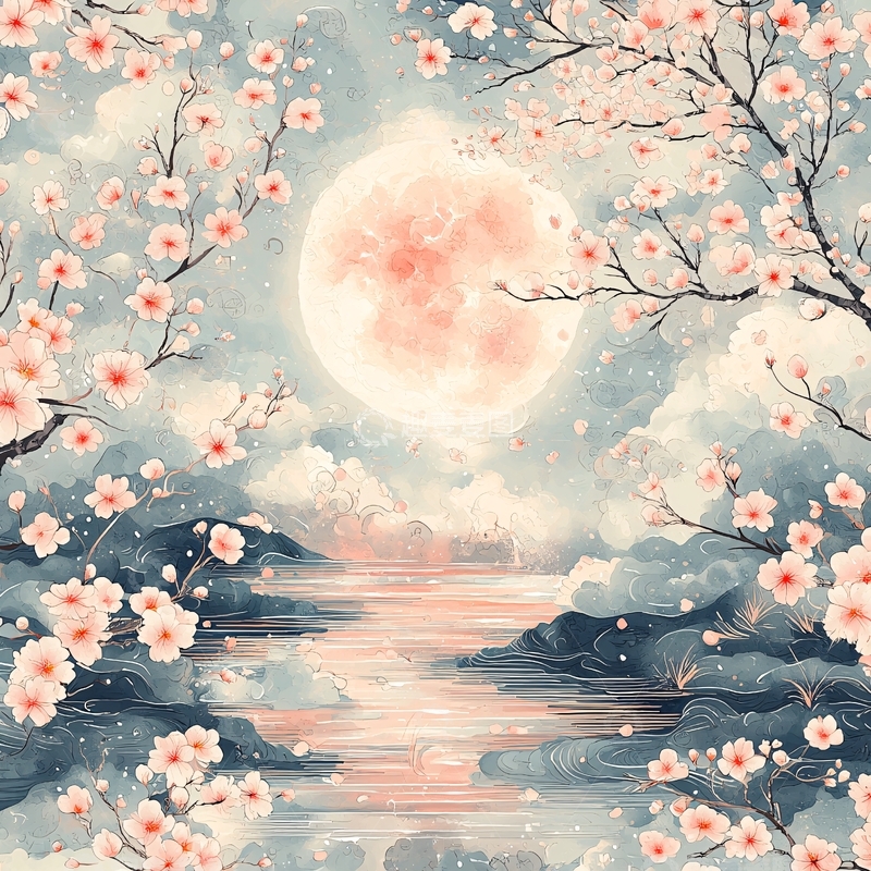 高清大图下载【趣麦麦图】樱花月夜水面倒影