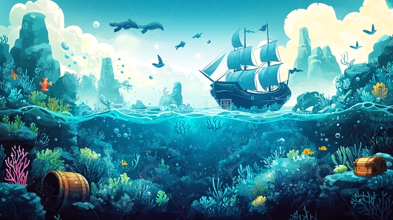 高清大图下载【趣麦麦图】海盗船与海底世界