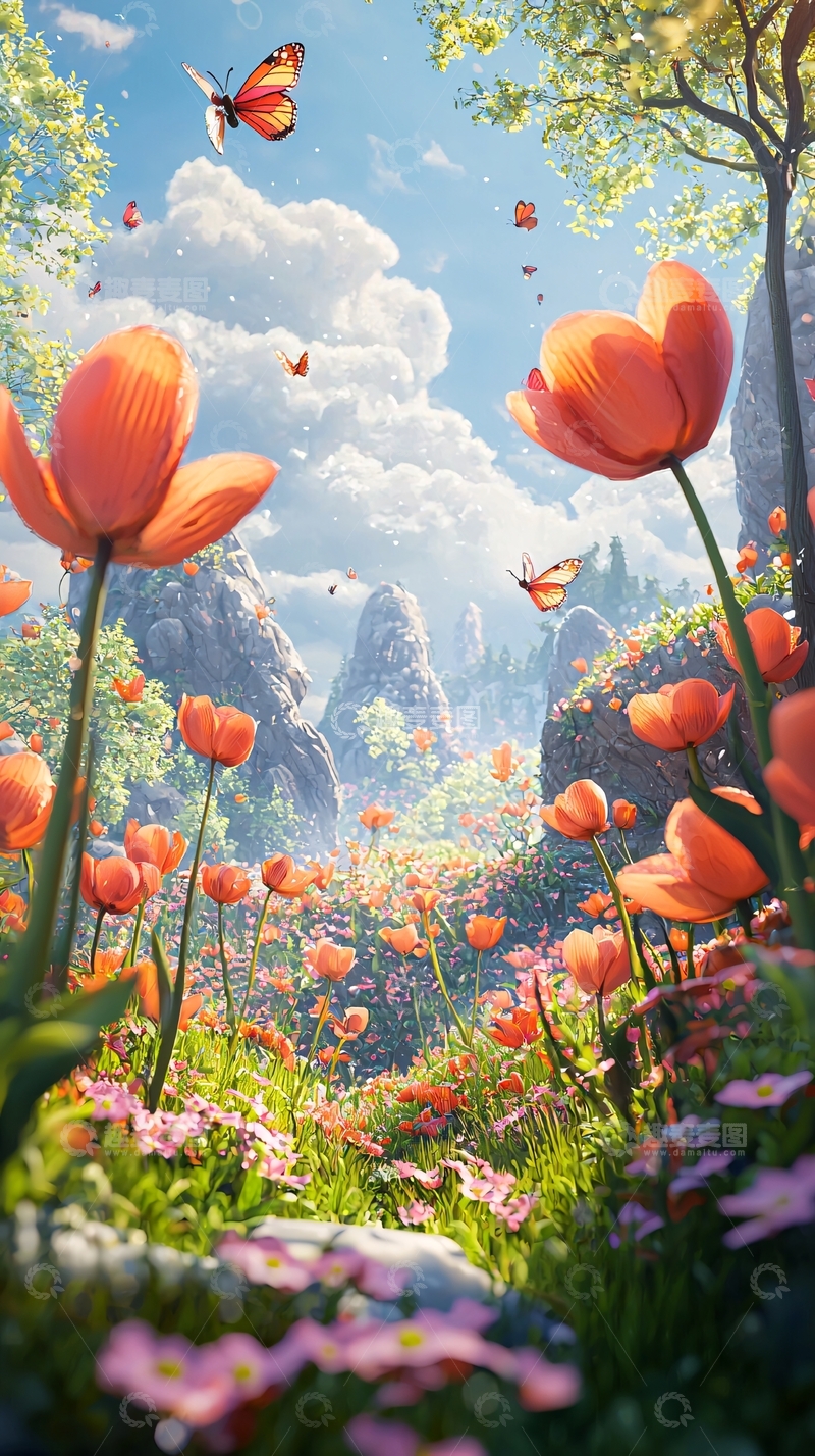 高清大图下载【趣麦麦图】梦幻橙色郁金香花田