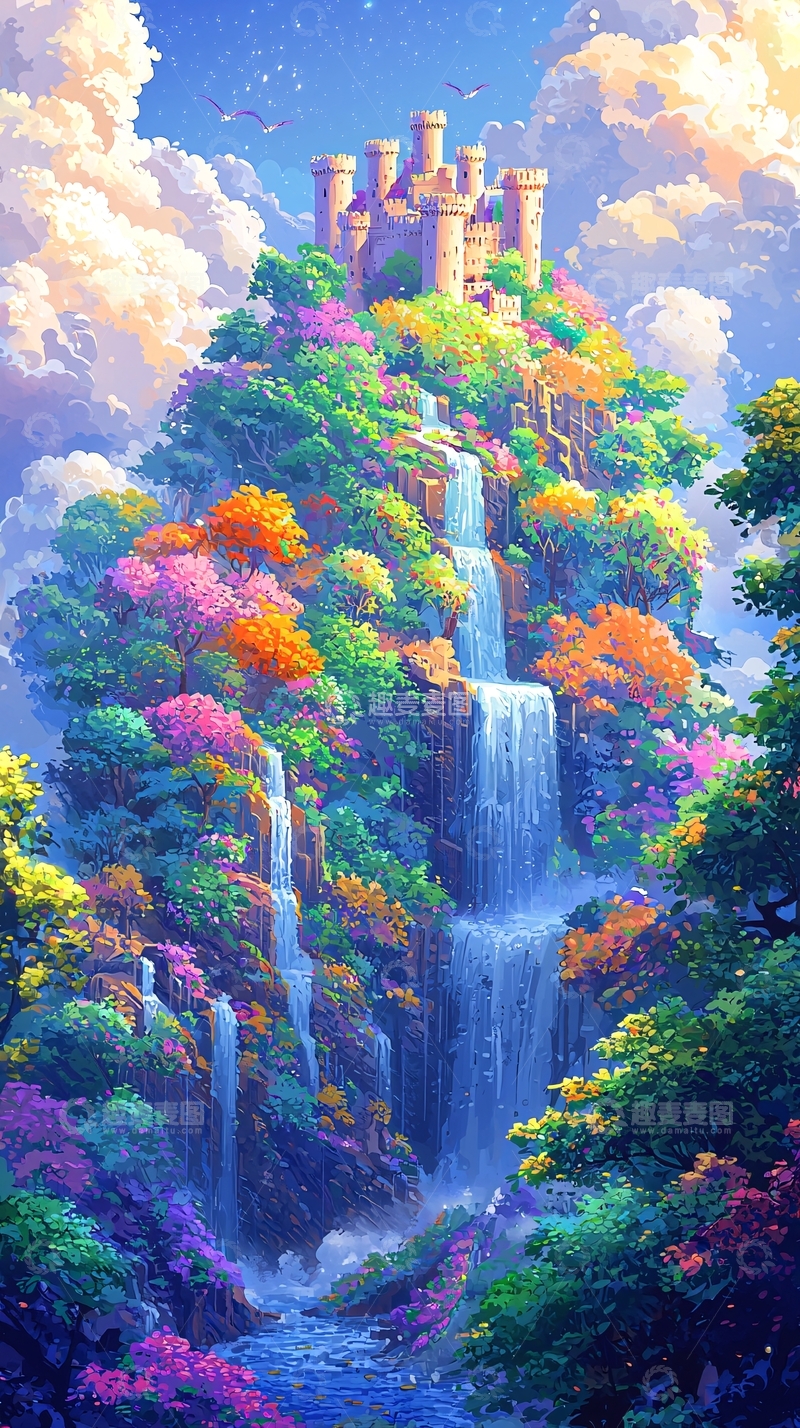 高清大图下载【趣麦麦图】山顶城堡瀑布风景画