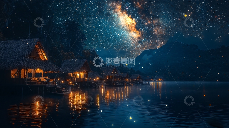 高清大图下载【趣麦麦图】星空下的湖边小屋