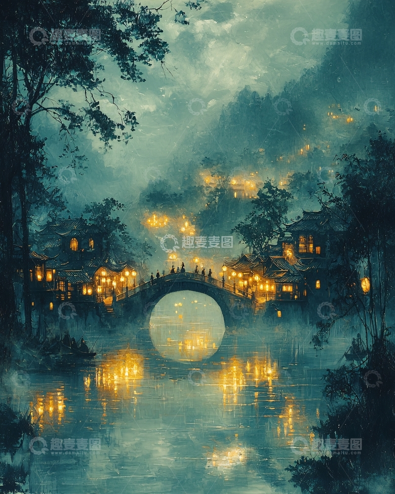 高清大图下载【趣麦麦图】水墨画夜景