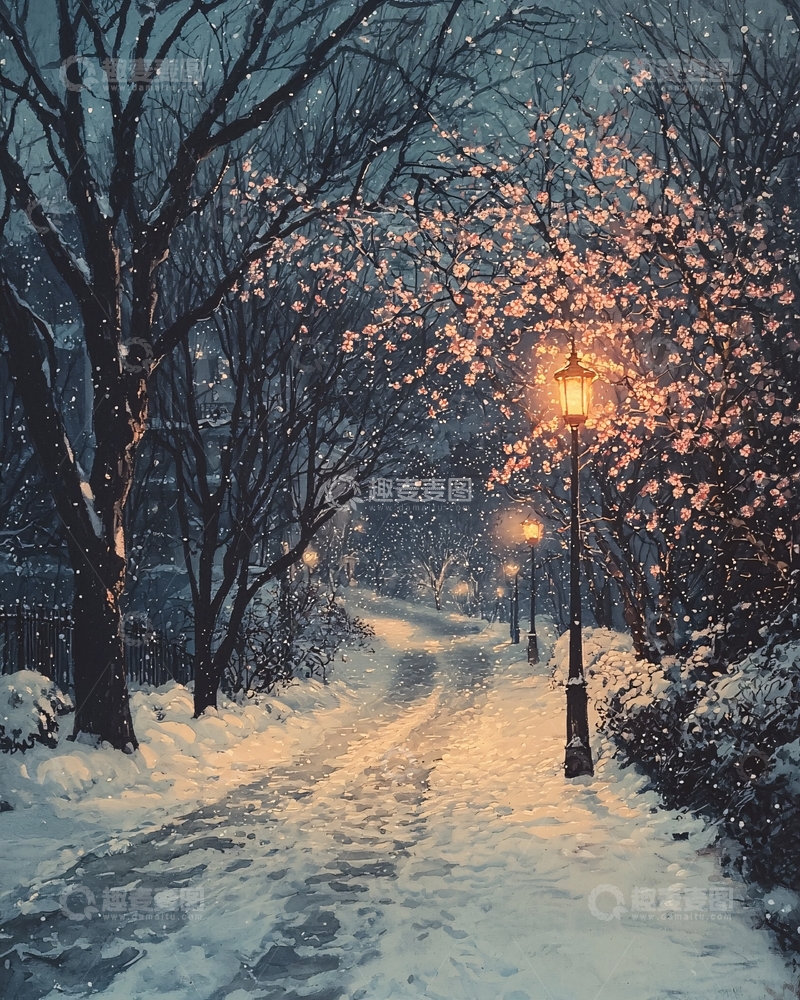 高清大图下载【趣麦麦图】冬夜雪景小路街灯