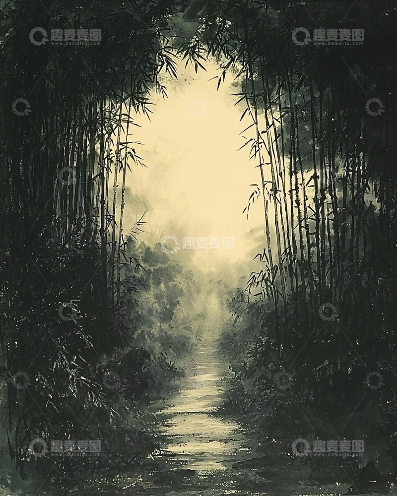 高清大图下载【趣麦麦图】水墨竹林小路