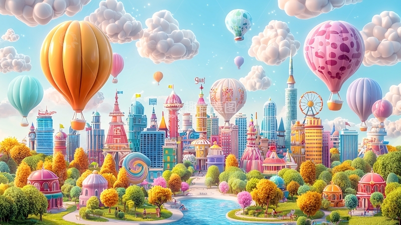 高清大图下载【趣麦麦图】梦幻彩色热气球城市