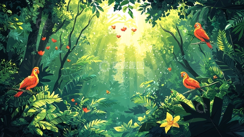 高清大图下载【趣麦麦图】热带雨林鸟类风景画