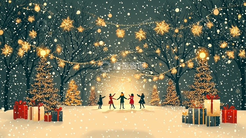 高清大图下载【趣麦麦图】冬夜雪景圣诞派对
