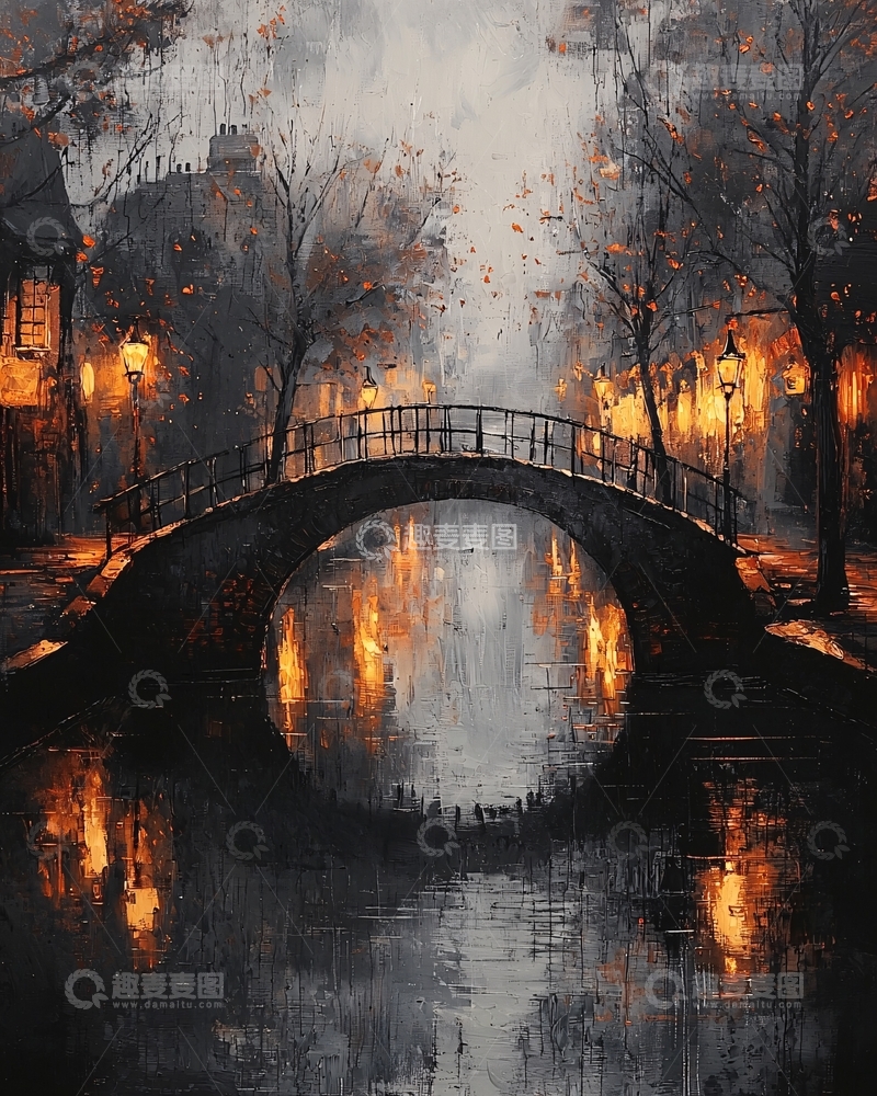 高清大图下载【趣麦麦图】夜晚小桥流水人家