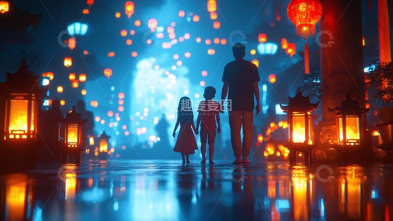 高清大图下载【趣麦麦图】夜色灯笼下的家庭