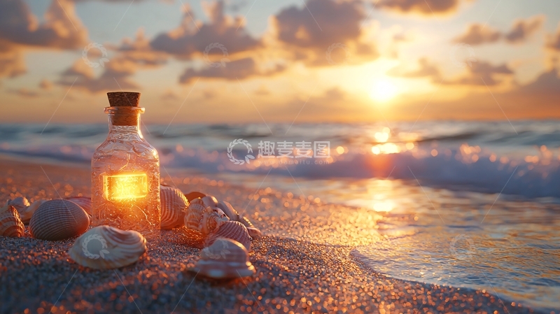 高清大图下载【趣麦麦图】日落海滩玻璃瓶