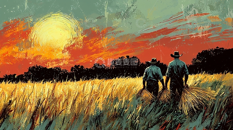 高清大图下载【趣麦麦图】麦田落日