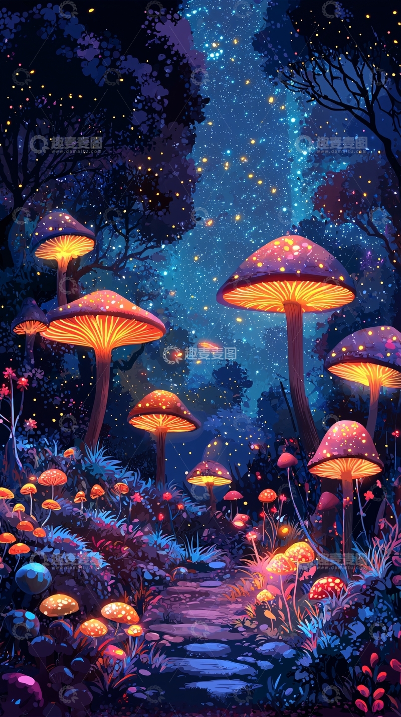高清大图下载【趣麦麦图】夜光蘑菇森林梦幻小路