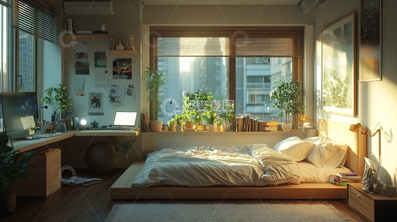 高清大图下载【趣麦麦图】阳光洒进卧室的温馨房间