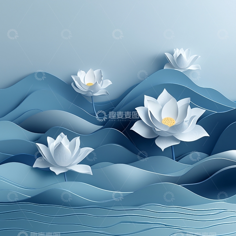 高清大图下载【趣麦麦图】蓝白莲花水墨风壁纸