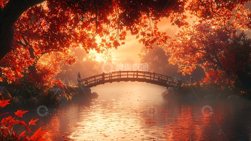 高清大图下载【趣麦麦图】秋日红枫桥下小桥流水