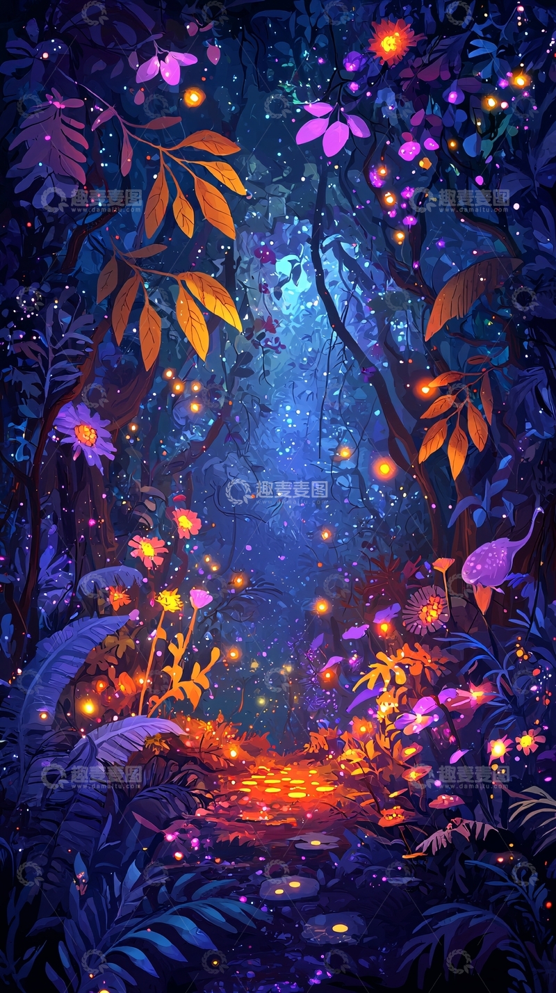 高清大图下载【趣麦麦图】萤火虫森林梦幻路径