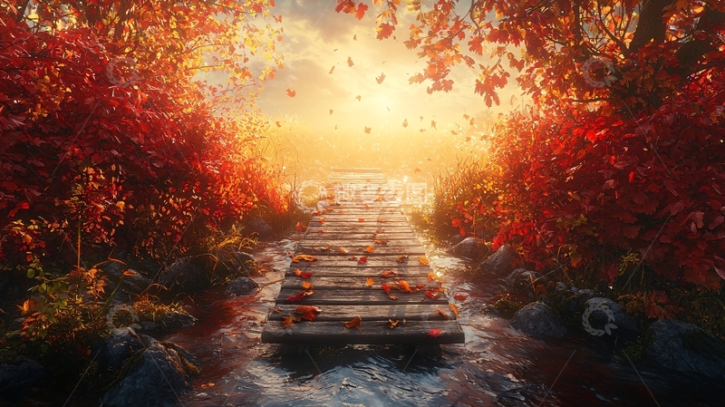 高清大图下载【趣麦麦图】秋日暖阳下的木桥