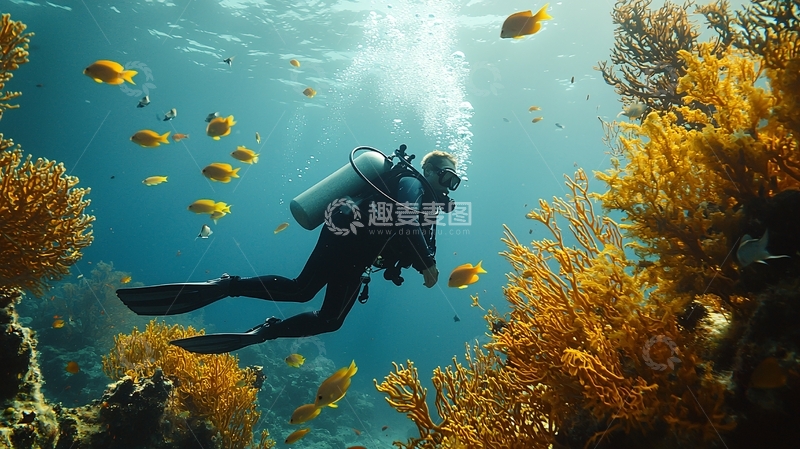 高清大图下载【趣麦麦图】潜水员在珊瑚礁中潜水