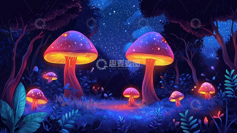高清大图下载【趣麦麦图】夜光森林梦幻蘑菇