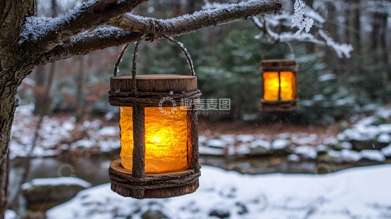 高清大图下载【趣麦麦图】雪中树枝上的灯笼