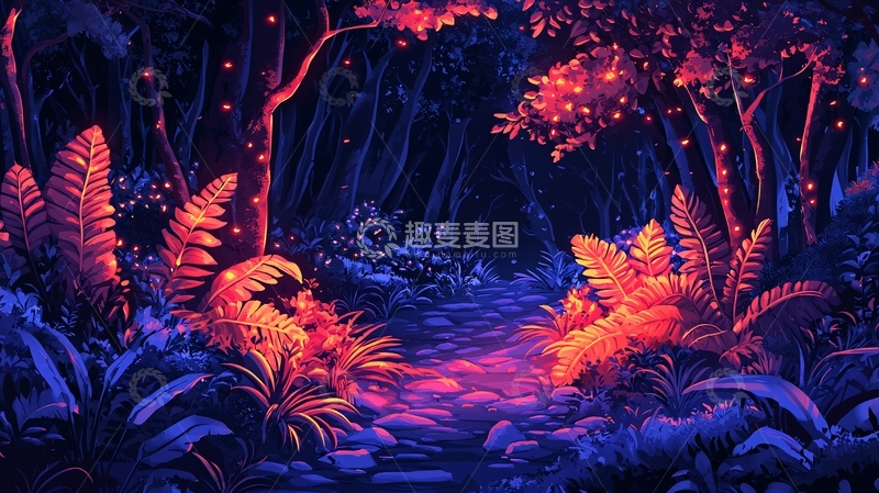 高清大图下载【趣麦麦图】夜晚荧光森林小路