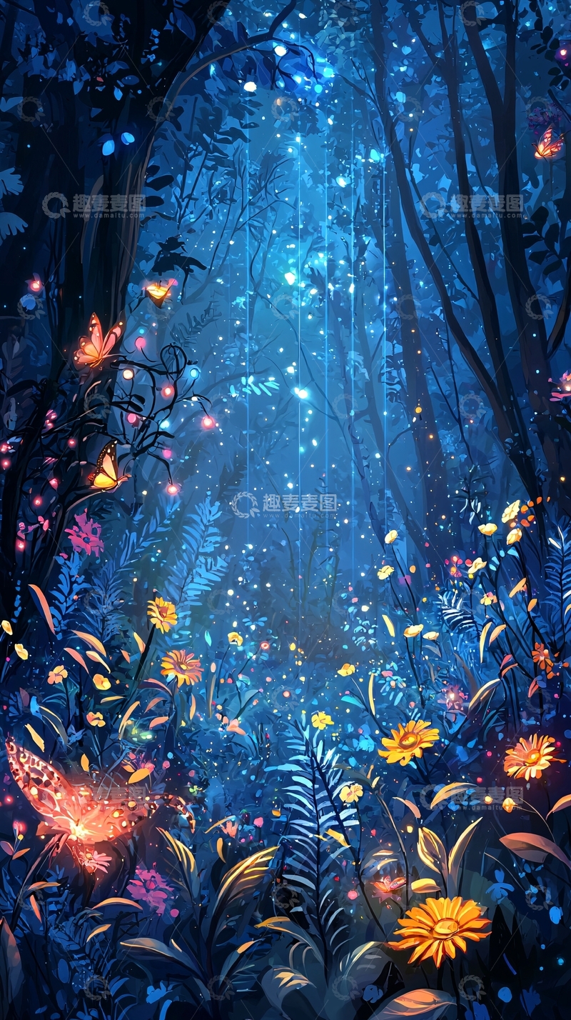 高清大图下载【趣麦麦图】梦幻蓝色萤火森林