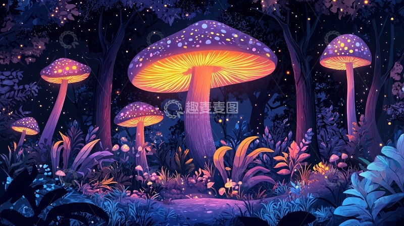 高清大图下载【趣麦麦图】梦幻森林发光蘑菇