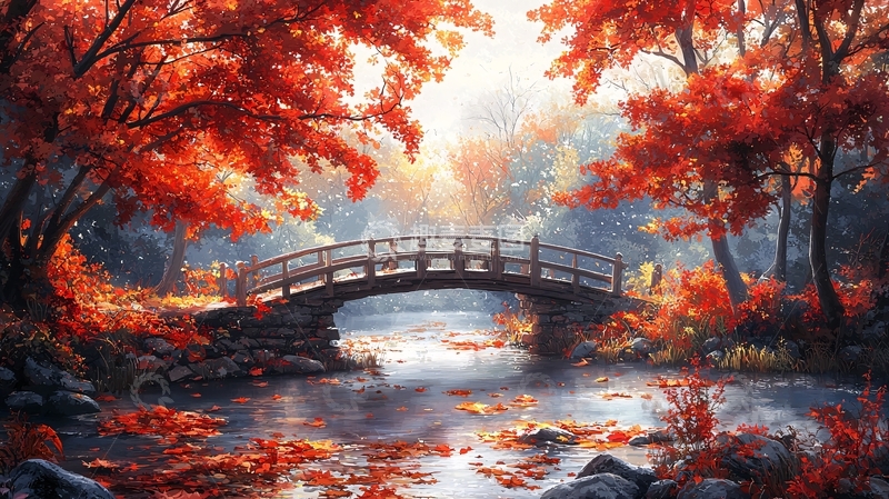 高清大图下载【趣麦麦图】秋日红叶桥流水