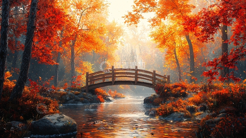 高清大图下载【趣麦麦图】秋日森林小桥流水