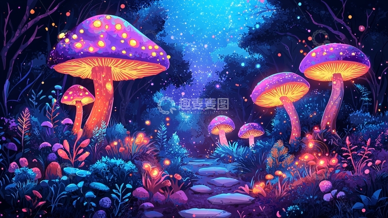 高清大图下载【趣麦麦图】发光蘑菇森林小路