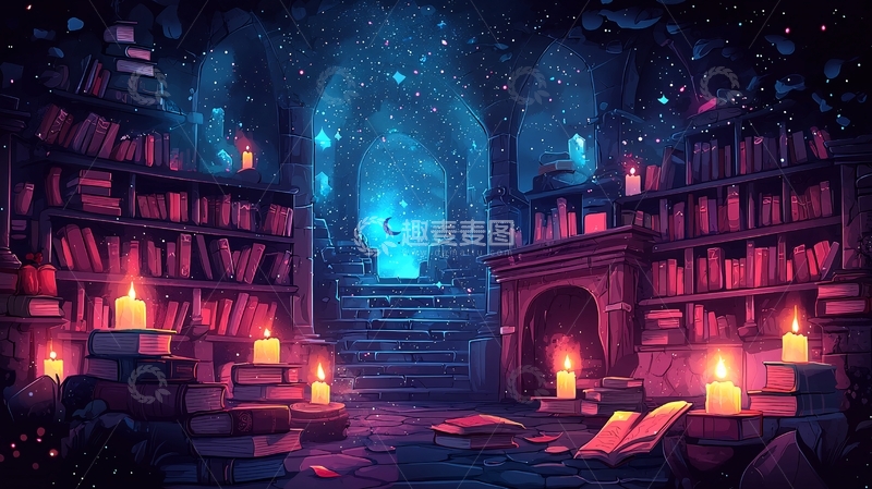 高清大图下载【趣麦麦图】奇幻图书馆夜景
